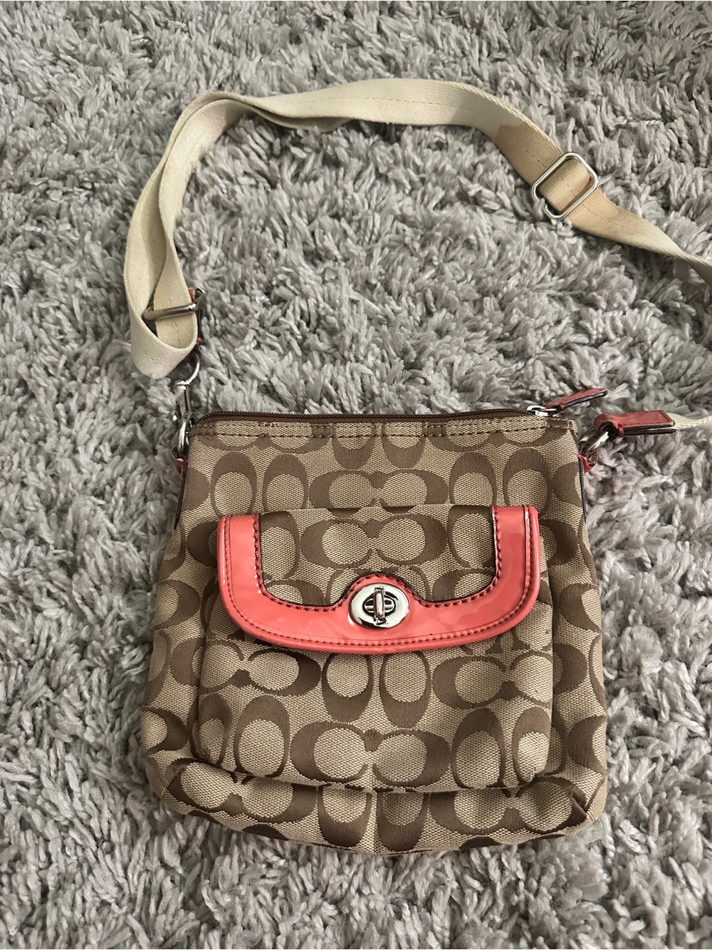 Coach Khaki Signature Crossbody with Coral Trim